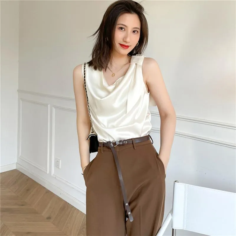 Women's Tanks & Camis Korean Satin Swinging Collar Tank Top Women Sleeveless Clothes Sweet Girl 10 Colors Crop 2023 Summer Feminino Y2K Clot