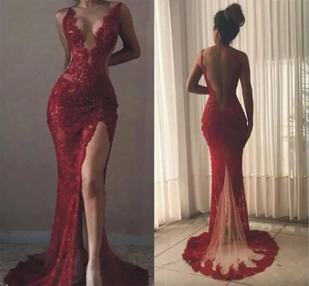 Spaghetti Sexy Red Full кружевая русалка PROM Vintage Open Back Beadered Formal Evening Gown Long Plus Size Party Платье платья с подружками невесты S