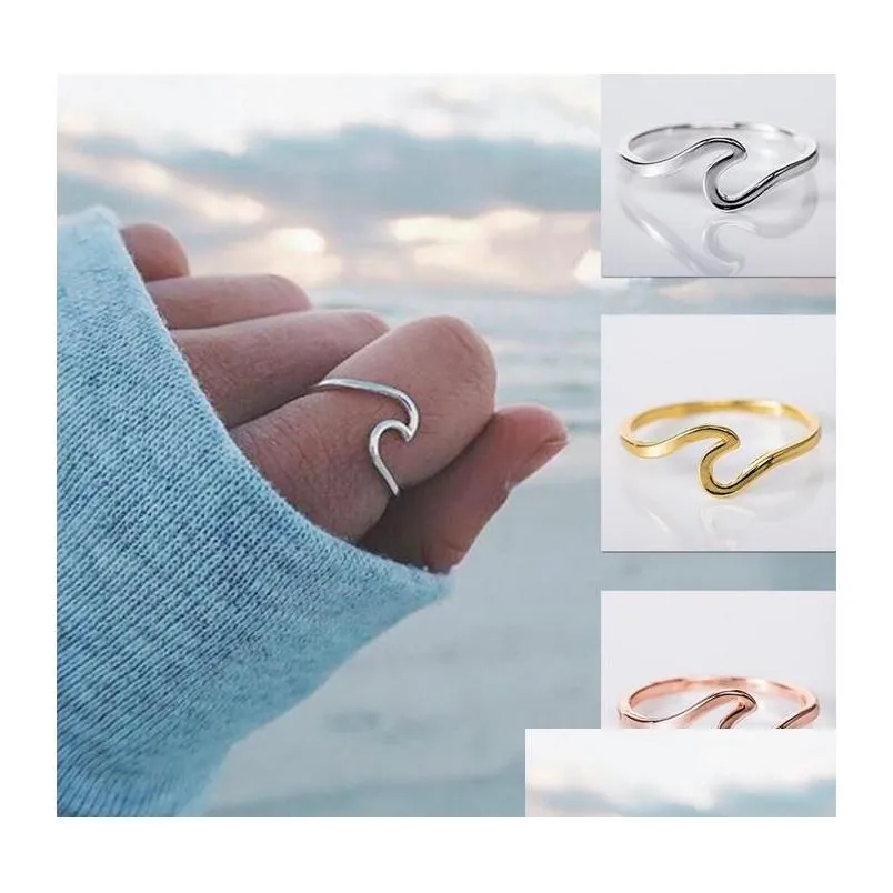Band Rings Ocean Wave Simple Dainty 925 Sterling Sier Thin Ring Summer Beach Sea Surfer Personality Jewelry Drop Delivery Dhcoi