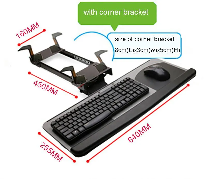 Rust LK06AD Ergonomic Sliding Tilting XL Size Pols Rest Toetsenbordhouder met twee muiskussens voor computerbureau Toetsenbordlade Stand