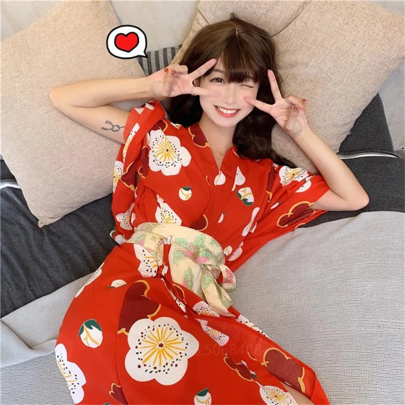 Women's Sleepwear Japanese Traditional Kimono Yukata For Women Girl Bath Robe With Belt Flower Print Red Streetwear Fluffy Long Sleeve