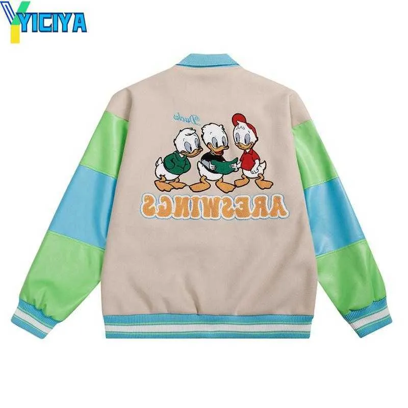 Yiciya Męskie kurtki Hip Hop Baseball Jacket Men Patchwork Grube skórzane rękaw haft haftowy uniwerek college mody streetwear gotycki bombowiec