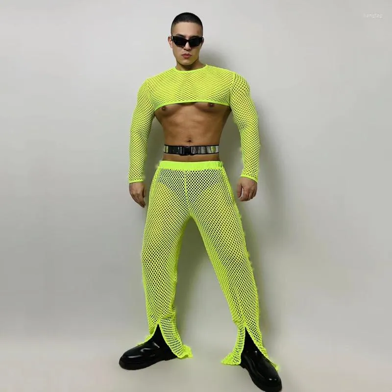 Fluorescent Mesh Plaid Rave Outfit Sexy Stage Wear Bar Gogo Costume for Male DJ Dancer Hollow Out Nightclub Performance Set