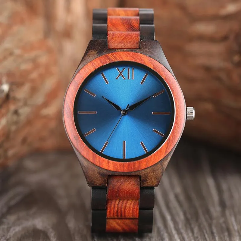 Montres-bracelets pour hommes Creative pleine montre en bois de luxe noir/saphir bleu lustre cadran bambou bois Quartz-montre décontracté Sport horloge Reloj Hombr