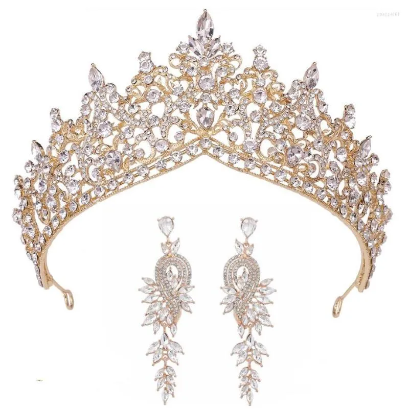 Hårklipp barock guldfärg kristallblad krona med örhängen tillbehör lyxiga strass tiaras diadem kvinnor bröllop huvudbonad