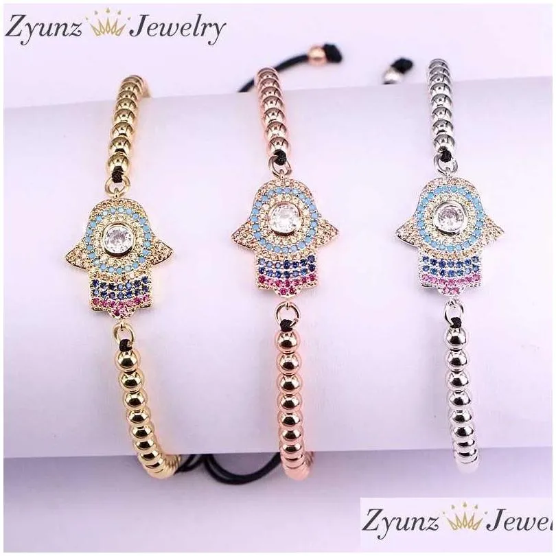 Bracelets De Charme 10 Pcs Micro Pave Cz Hamsa Fatima Main Rame Bracelet Joli Cadeau Drop Delivery Bijoux Dhxnc