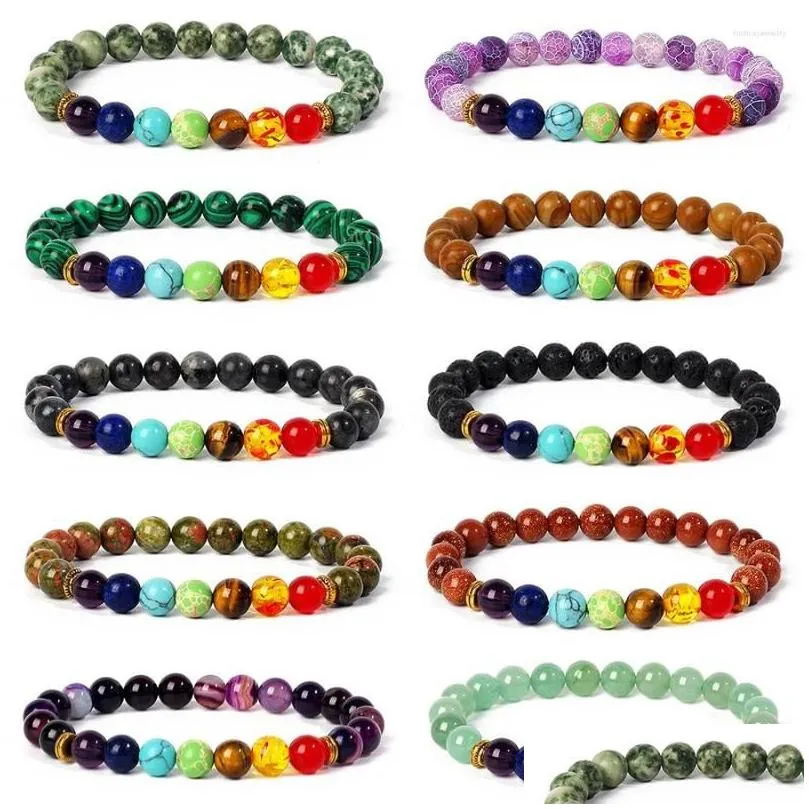 Pärlstav strand reiki 7 chakra armband män naturliga lava sten helande ångest smycken mandala yoga meditation skyddar hälsa armele dho3g