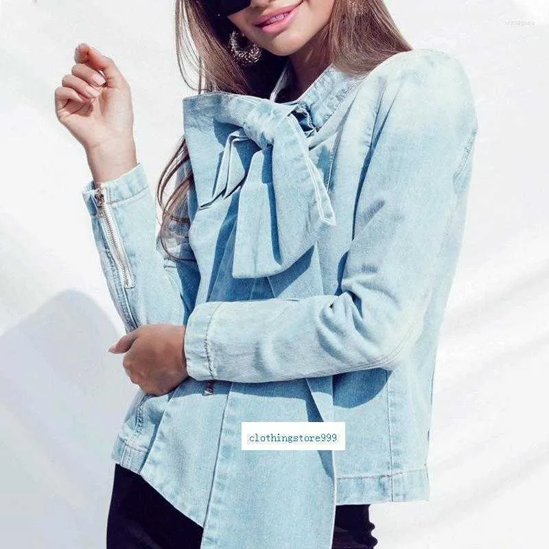 Women's Long Sleeve Denim Shirt Big Bow Back Zip Up Casual Jeans Blouse Tops Spring Autumn