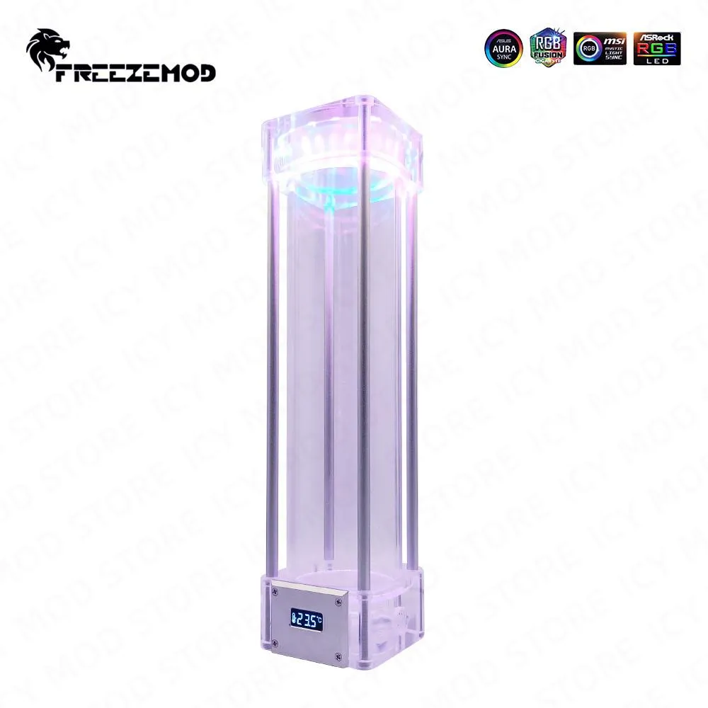 تبريد Freezemod Cuboid Argb خزان مربع خزان المياه 5 فولت Aura درجة الحرارة شاشة LCD 168/218/268 مم غطاء المعادن ماء التبريد