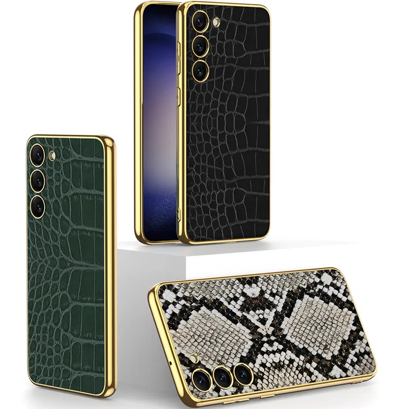 Luxury Crocodile Mönster Läder Vogue Telefonfodral för Samsung Galaxy S23 Ultra Hållbar Python Grain Plating Protective Shell Stödja trådlös laddning