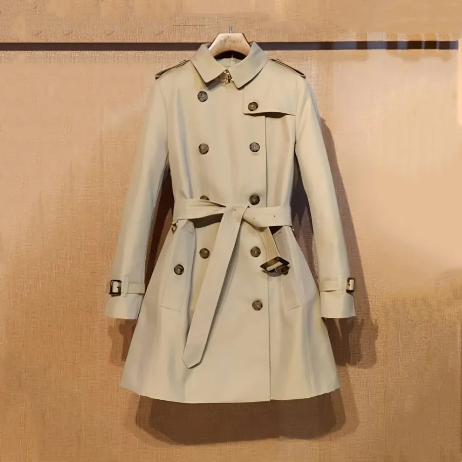 Designer Women s Belted Trench Coat Classic Beige Overcoat