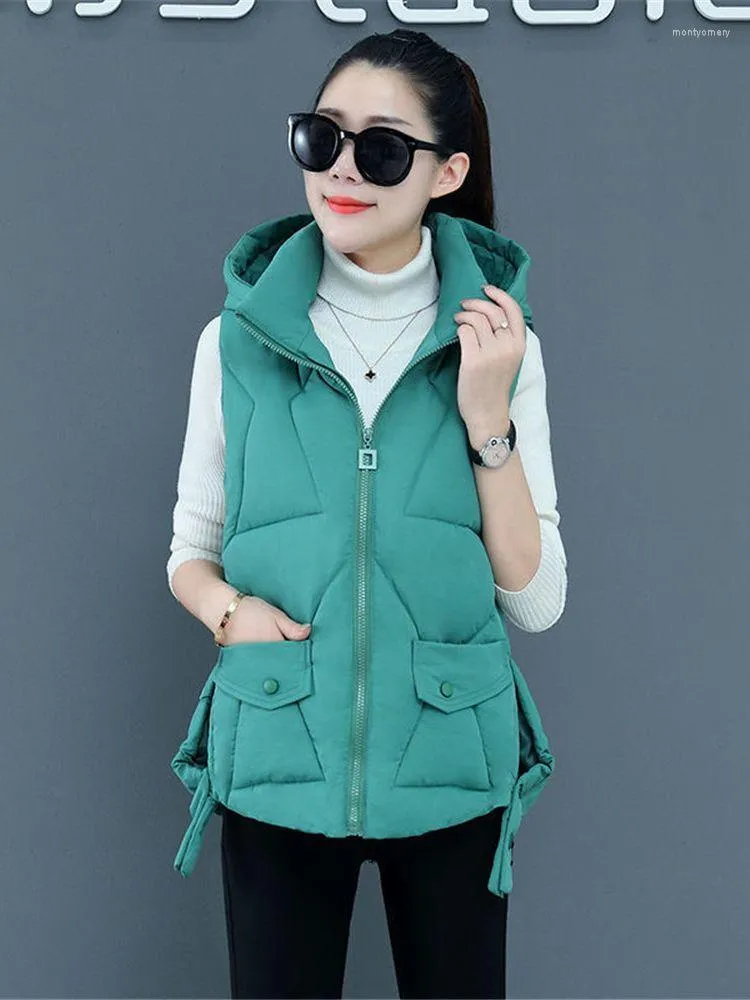 Kvinnors västar 2023 Korean Fashion Autumn Winter Short Cotton Vest Hooded Women Jacket ärmlös kappa varma damer Waistcoat ZY7015