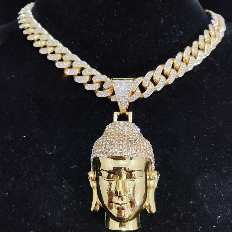 Männer Frauen Hip Hop Buddha Anhänger Halskette mit 13mm Kristall Kubanischen Kette HipHop Amulett Halsketten Mode Charme Schmuck Beste geschenke