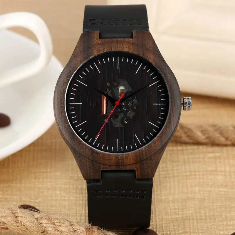 Armbandsur svart ebenholts trä klockor stripe herrskelett rörelse urtavla timepiece present mjuk läderband man handband retro reloj