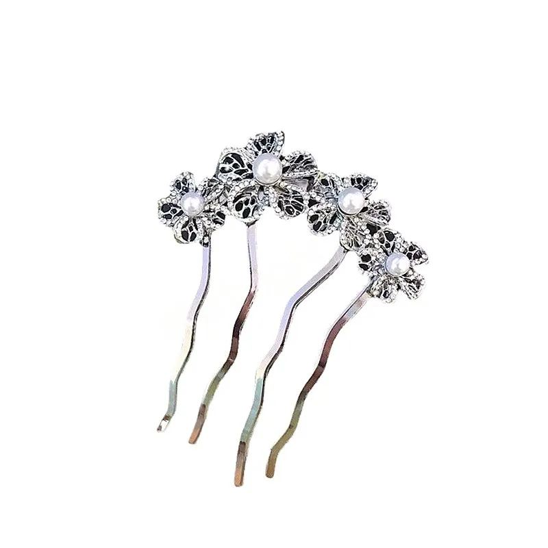 Fashion Metal Flower Pearl Alloy Forks U Shape Hair Pins Hair Comb Jewelry Women Wedding Bridal Hair Clip Hair Headdress