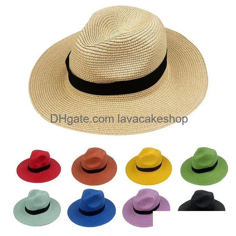 Sombreros de fiesta Verano Casual Unisex Playa Trilby Ala grande Jazz Sombrero para el sol Panamá Papel St Mujeres Hombres Gorra con cinta negra Entrega de la gota H Dhqkv