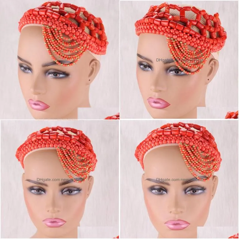 Hair Clips Barrettes Dudo African Coral Beads Jewelry Set Cap Handmade Traditional Wedding Headpiece For Nigerian Bride 2022 Natur Dhgkz