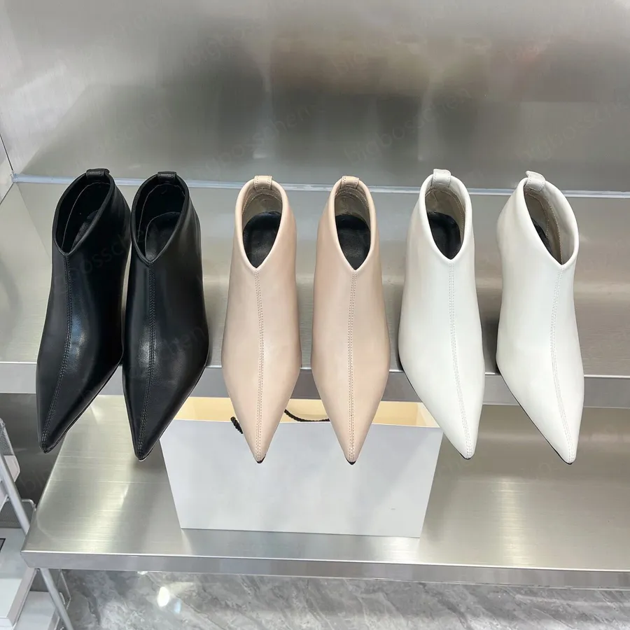 The Row, botas de diseñador para mujer, zapatos sexis con punta en pico, botas de tacón alto, botas cortas hasta el tobillo, caja con cordones de lujo para mujer