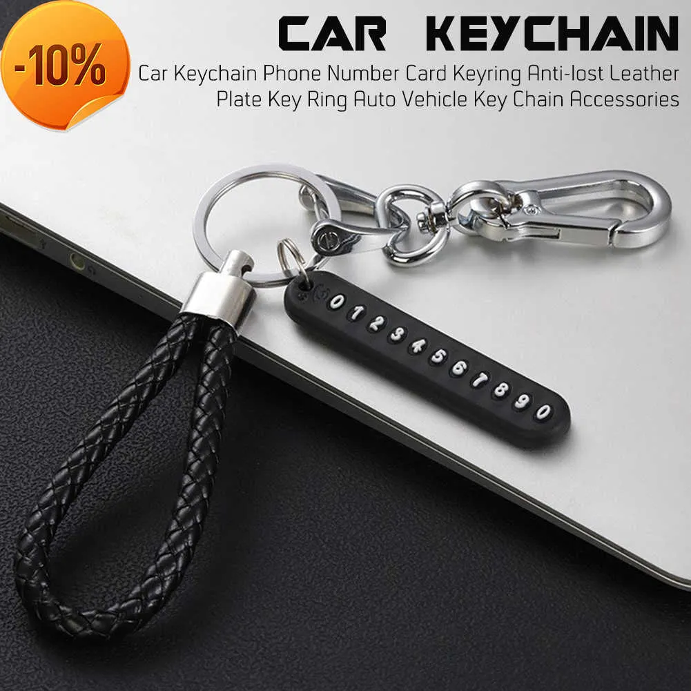 New Anti-lost Car Keychain Phone Number Card Keyring Leather Bradied Phone Number Plate Key Ring Auto Vehicle Key Chain Accessories