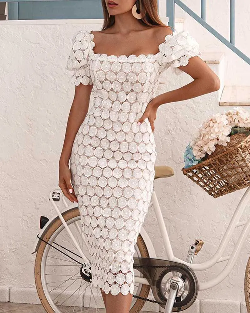 julia dress Fashionable Lace Shoulder Dress Solid Color Midi Length Ladies