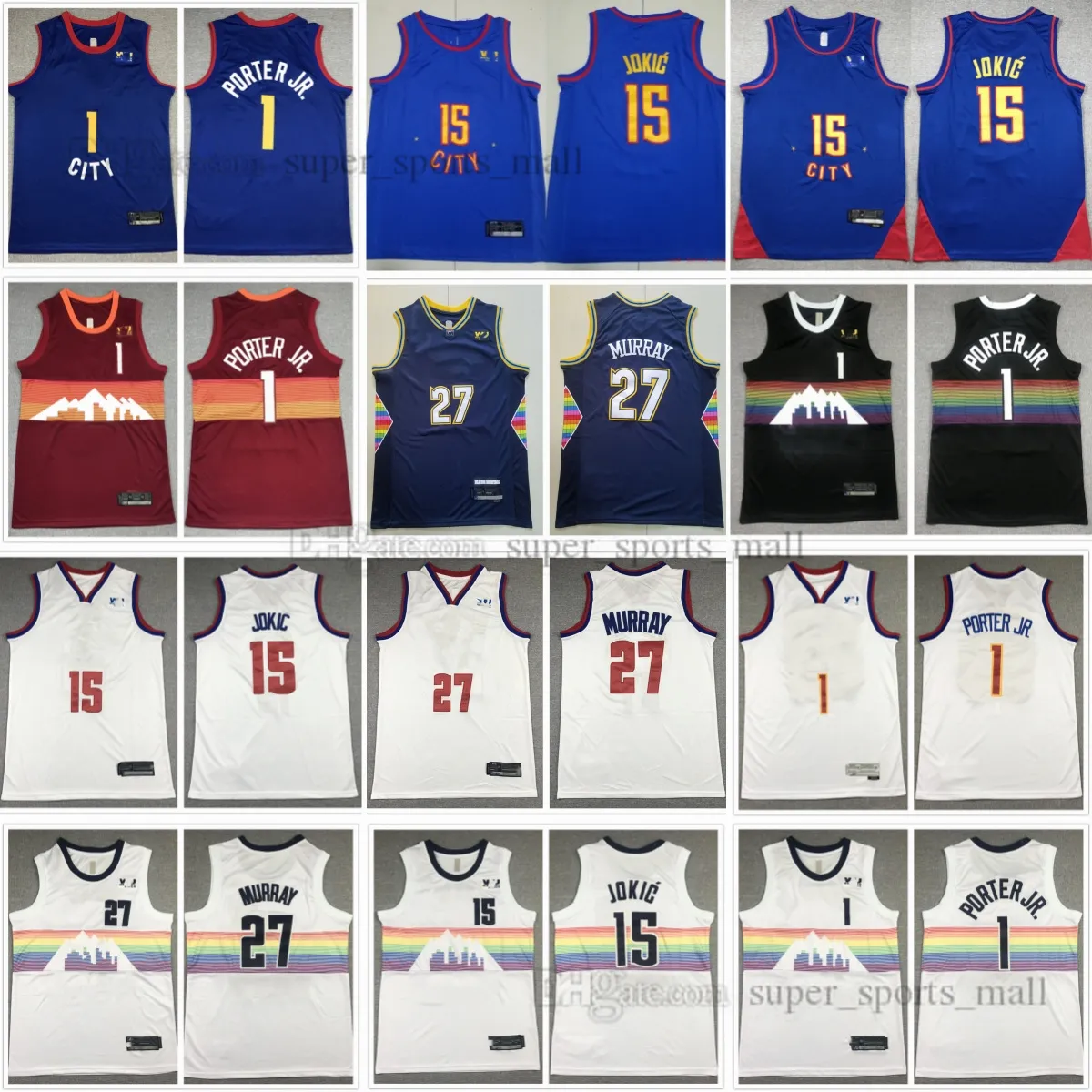 Jokic Man Women Youth Shinked Basketball Jerseys 27 Джамал Мюррей 1 Майкл Портер -младший. Блэк с красным новым голубым городом Custom Kids Boys Dersey