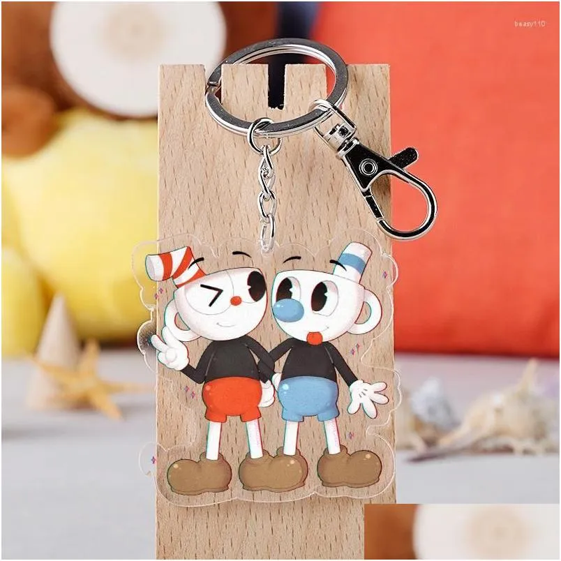 Llaveros Lanyards The Cuphead Show Llavero Hombre Acrílico Llavero Mujeres Anillo para niño Colgante Titular Moda Aleación Brelok Drop Del Dhlfv