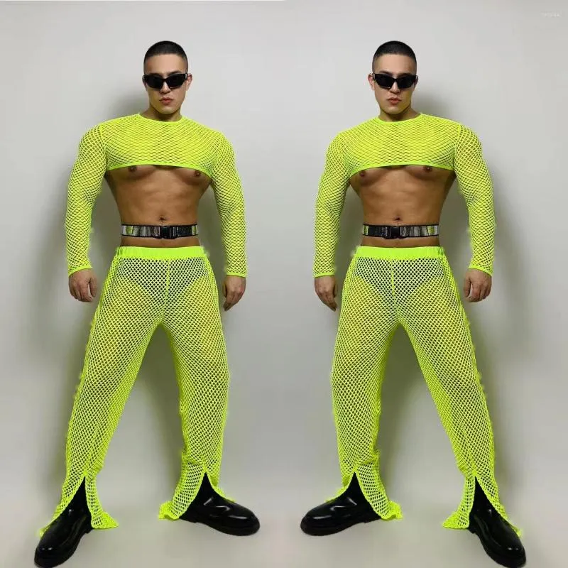 Desgaste de la etapa Bar Gogo traje masculino DJ Dancer Hollow Out Nightclub Performance Rave Outfit Sexy Fluorescente Green Mesh Plaid Set