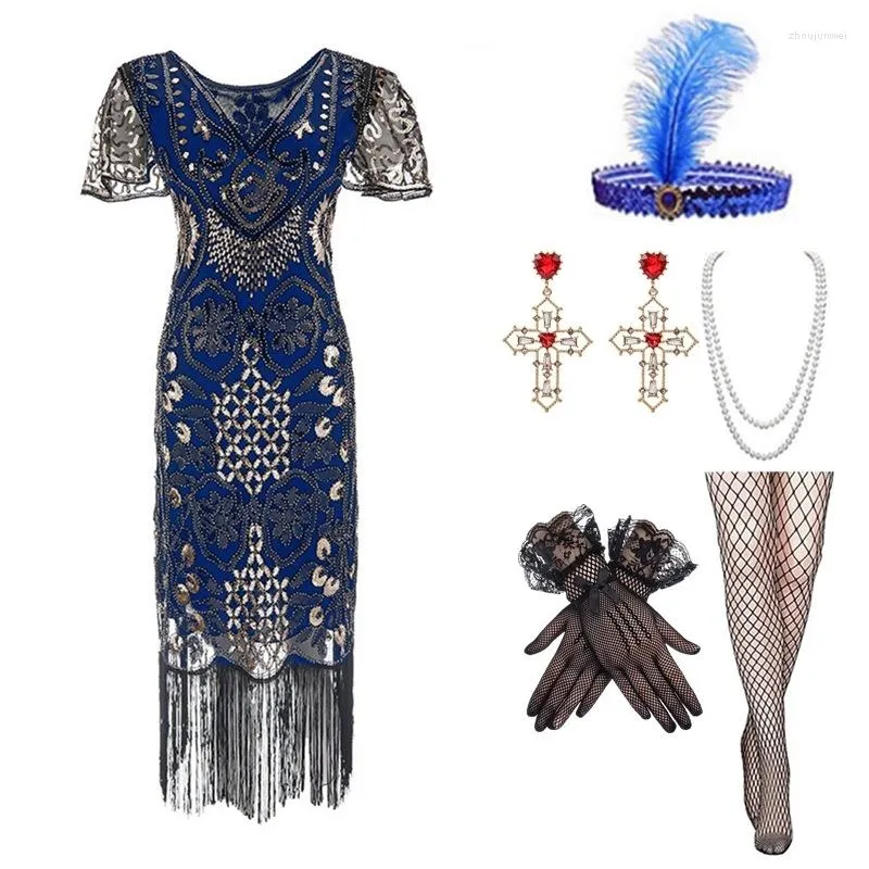 Robes de soirée 1920 Flapper Vintage Robe à paillettes Gatsby Prom Col en V Manches courtes Tassel Headwear Boucles d'oreilles Collants Ensemble pour femmes