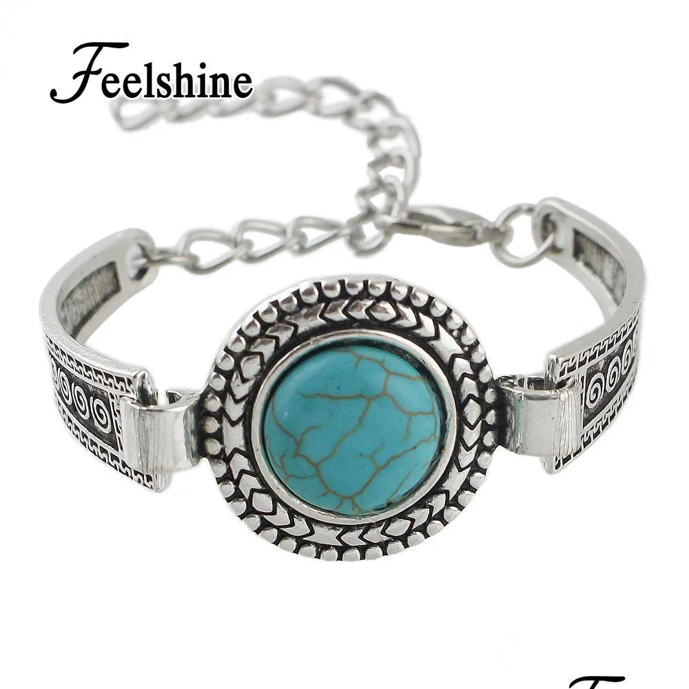 Charm Bracelets Wholesale Jewelry Bohemian Style Antique Sier Color Chain With Round Blue Stone Bangles For Women Bijoux Drop Deliver Dhwbp