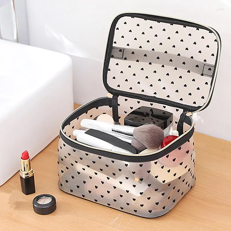 Storage Bags Multi-Style Women Cosmetic Bag For Makeup Portable Heart Type Fine Mesh Toiletries Organizers With Zipper Travel Utensil