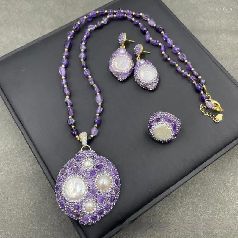 Necklace Earrings Set Baroque Freshwater Pearl Inlaid Amethyst Exquisite Fashion Women's Wedding Banquet Jewelry Accessories