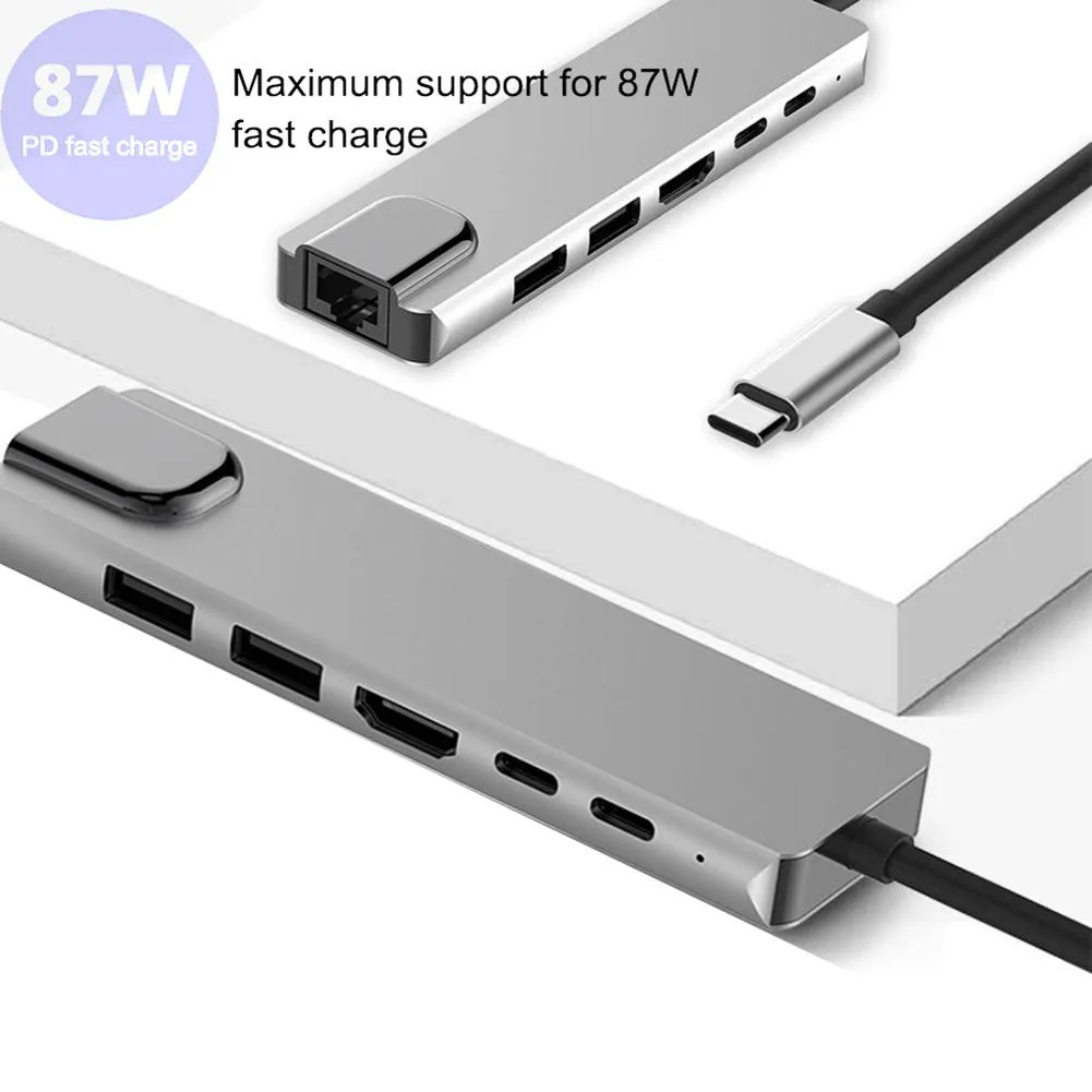 Stations HUB USB Splitter Hub Utilisez l'adaptateur de puissance 6 dans 1 HUB USB Type C vers 4K HDTV USB 3.0 2.0 PD RJ45 Adaptateur de carte réseau pour PC