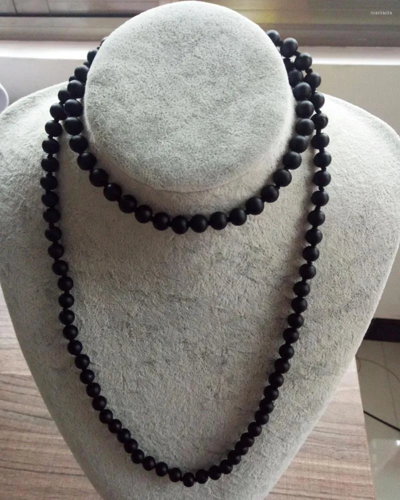 Chains Matte Black Onyx Bead Necklace Long Stone Knotted Natural Men 71cm