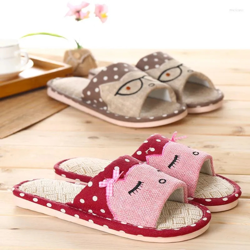 Slippers Shoes Women High Quality Flax 2023 Style Home Linen Striped Slip Summer Cartoon Glasses Floor