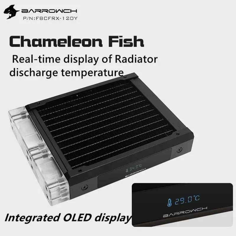 Kylbar barrowch Modular Copper Radiator Modding Row + Temperaturmonitor OLED Display för 120mm fläkt Chameleon Fish FBCFRX120