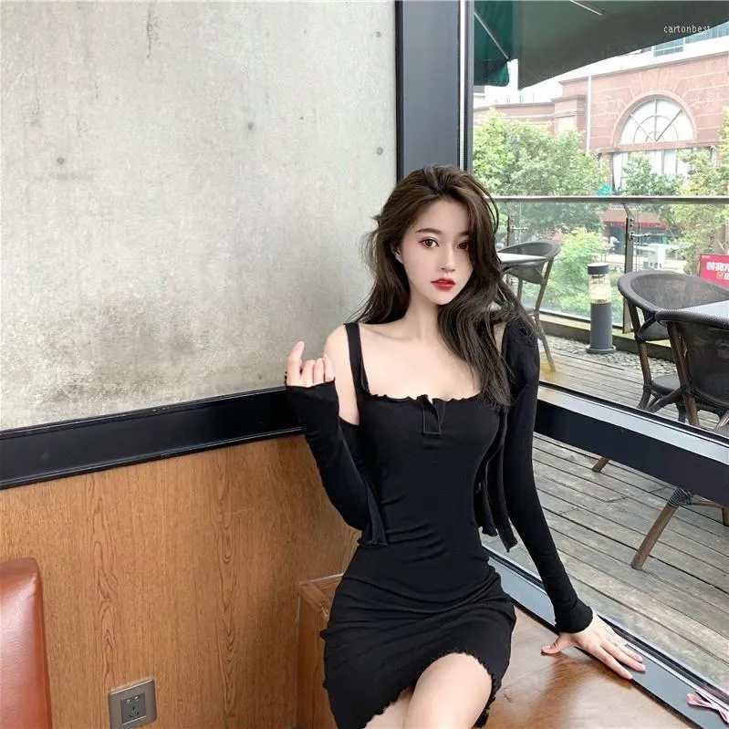 Black Sexy Two Piece Suit Women Bodycon Dress Set With Long Sleeve Short Cardigan Polyester Cotton Mini Floor Length Perfect For Work Or Night Out From Cartonbest 16.55 DHgate.Com