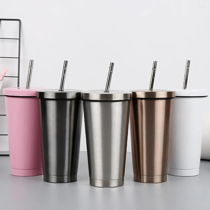 Water Bottles Stainless Steel Coffee Mug 500ml With Lid Beer Mugs For Tea Cup Metal Drink Straw Travel Cups