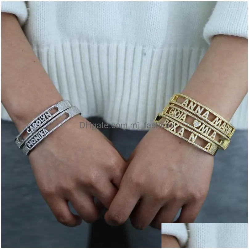 charm bracelets drop ship iced out name bracelet with cz paved 26 initial diy letter slider alphabet personalized bangle jewelry