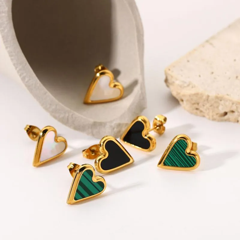 Dingle örhängen ljuskrona ggdu naturlig sten grön malachite svart skal kärlek hjärtmode trend rostfritt stål hjärtformat för kvinnor