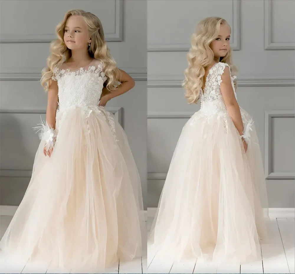 Süßes Champagner-Spitzen-Blumenmädchenkleid mit Schleifen, Erstkommunionkleid für Kinder, Prinzessin, formelles Tüll-Ballkleid, Hochzeitskleid, 4–8 Jahre