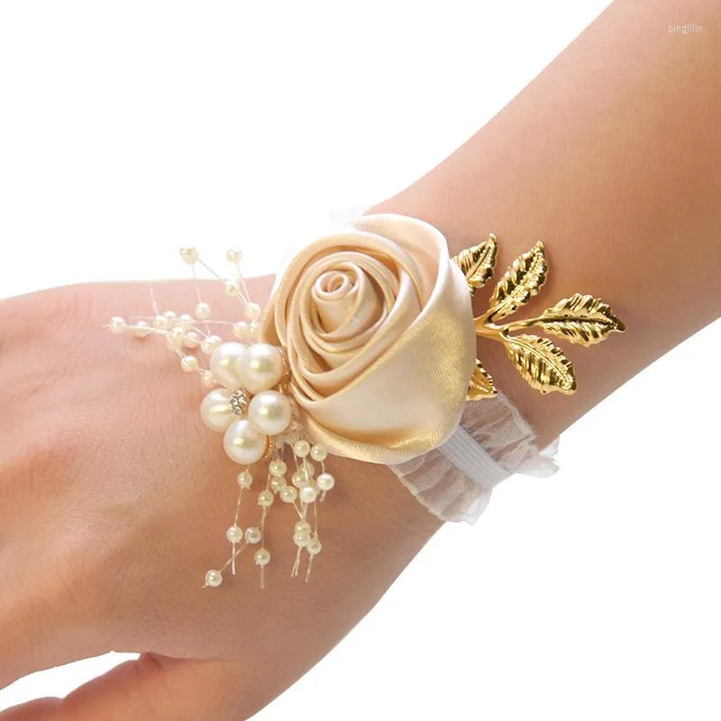 Dekorativa blommor handled corsage pärla brudtärna armband tyg boutonner bröllopsläver bukett tillbehör leveranser