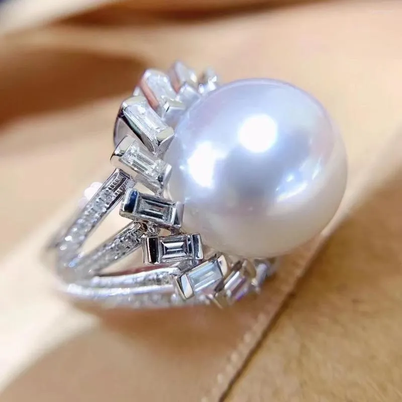 Ringos de cluster MJ jóias de anel de pérolas finas 925 prata esterlina água fresca água de 11 a 12 mm de belas brancas para mulheres pérolas