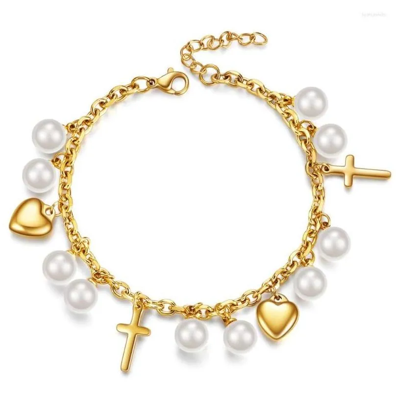 Chain Link Bracelets 2023 Titanium Steel Creative Cross Love Pearl Bracelet Womens Fashion Personality Stainless Birthday Gifts Drop Dhafj