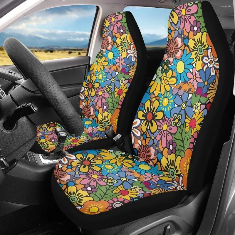 Coprisedili per auto INSTANTARTS Retro Hippie Flower Pattern Protezione anteriore per secchio universale Adatta per la maggior parte delle auto Facile da installare