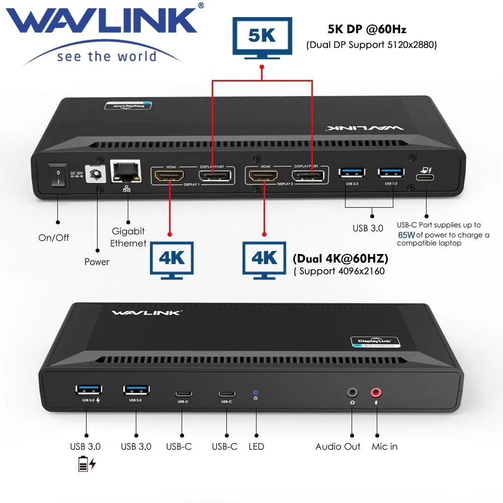 Stationer USB C Universal Docking Station 5K USBC Gen1 Dual 4K Display HD HDMicompatible Power Delivery USB 3.0 Gigabit Ethernet Wavlink