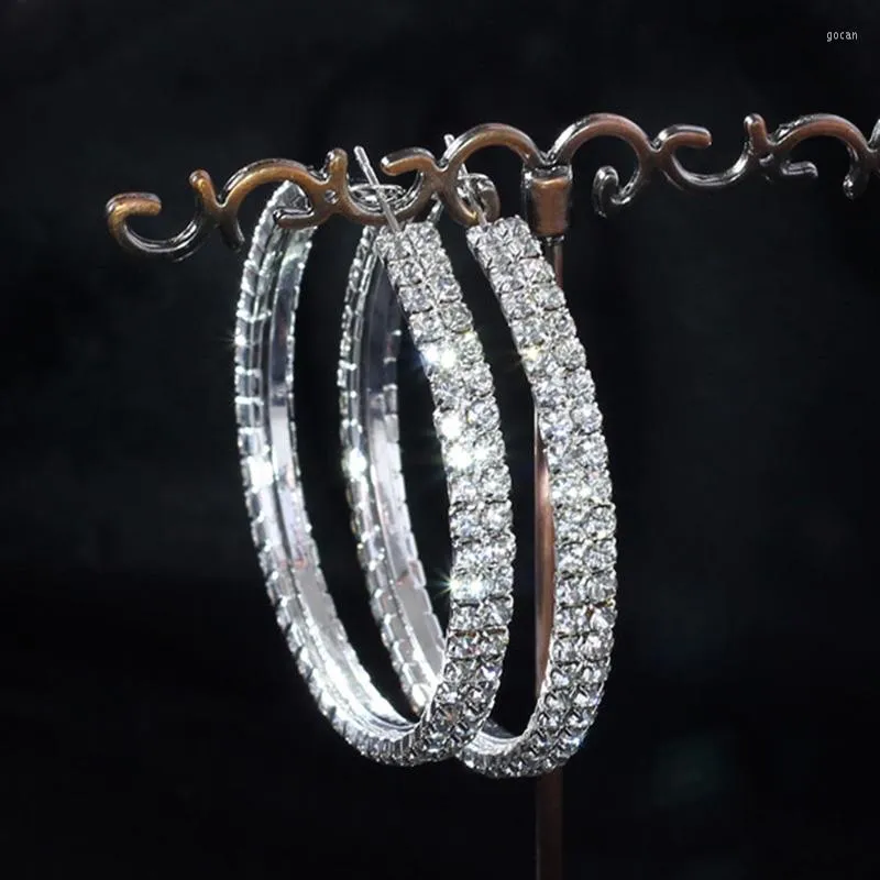 Orecchini a cerchio 4cm5cm6cm Grandi brillanti da donna con doppia fila di diamanti Color argento Cerchio Gioielli da sposa