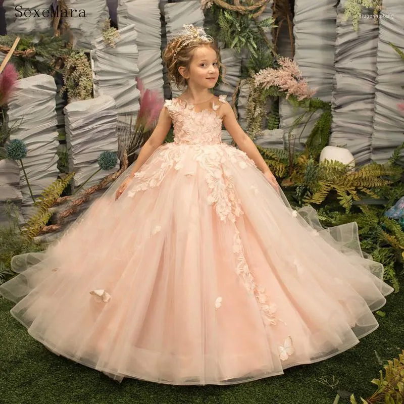 Vestidos de menina vestido de flores rosa lindo para casamento de princesa, vestido de aniversário de aniversário de concurso de Natal Primeira Comunhão