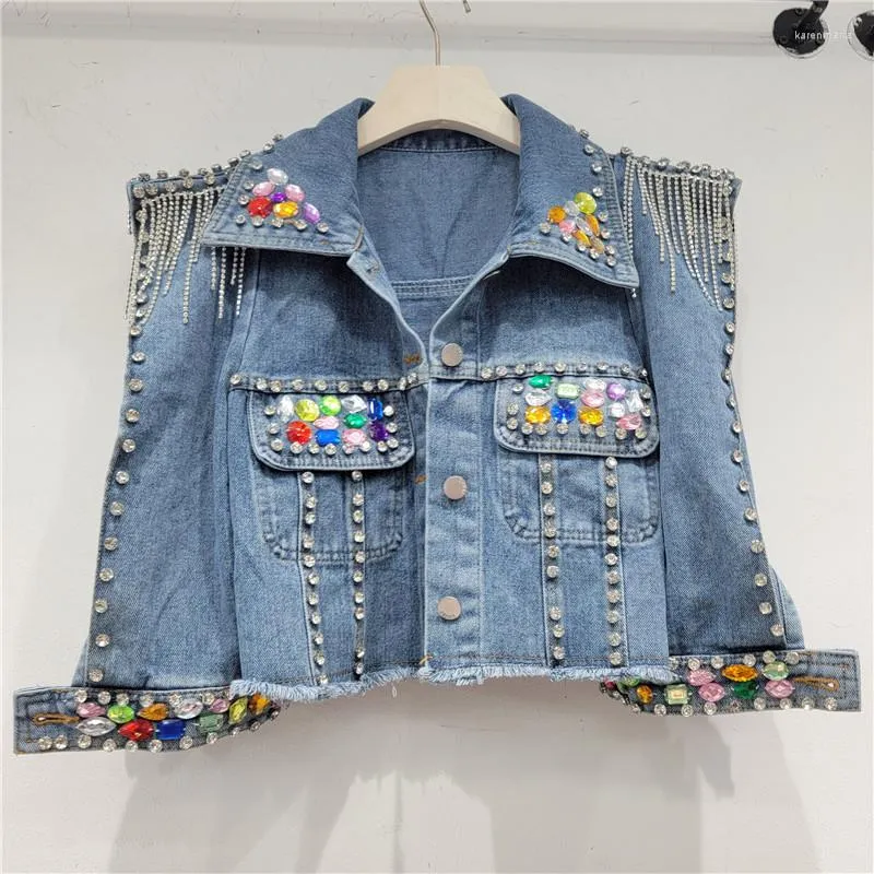 Women's Jackets Women Short Denim Jacket Coat Spring Pearl Diamonds Chain Tassel Frayed Burrs Hem Half Sleeve Female Jeans Streetwear