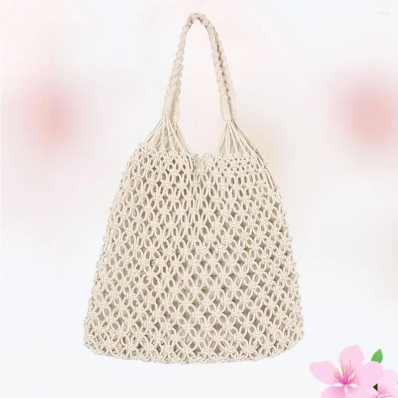 Sacs de rangement évider Mesh Knitted Bag Handmade Beach Cotton String Unlined Shoulder (Blanc)