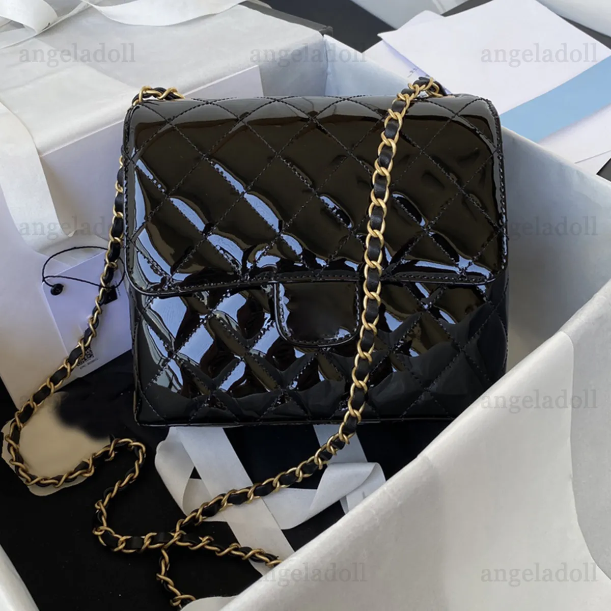 10A Mirror Quality Designers Mini Square Flap Bag 18cm Black Patent Leather Handbag Clssic Womens Quilted Tweed Purse Crossbody Shoulder Chain Strap Bag With Box